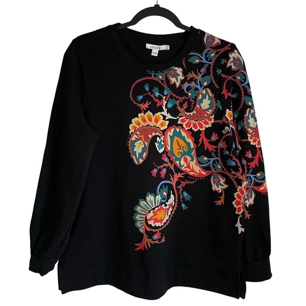 Chico’s French Terry Paisley Sweatshirt Sz M Pockets Long Sleeves Boho Colorful
